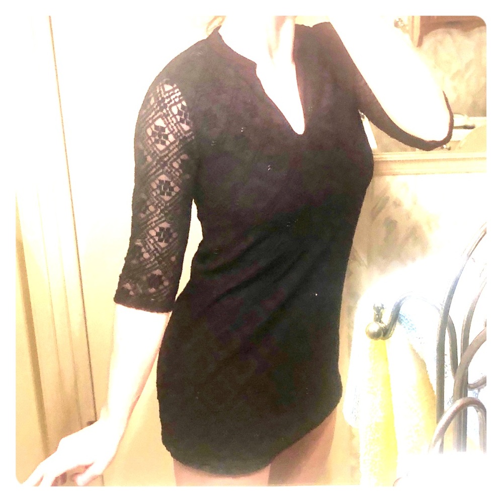Black mini dress with lace overlay & sleeves